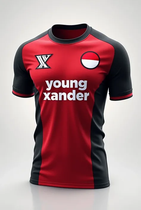 Creat a jersey with YX LOGO IN LEFT TOP AND INDONESIA FLAG LOGO IN RIGHT TOP.WRITE YOUNG XANDER IN MIDDLE 