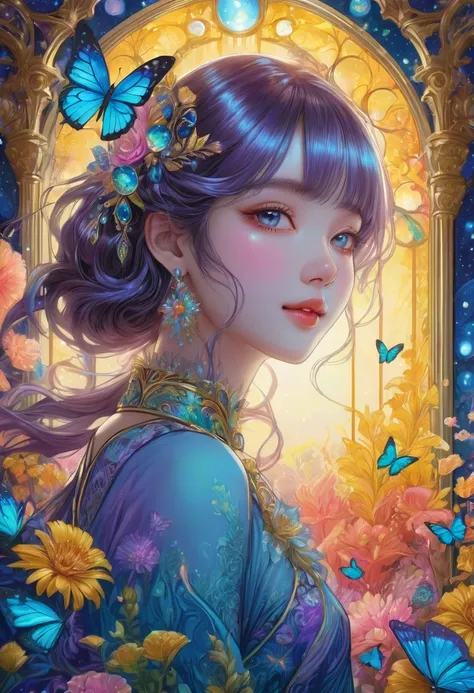 Tarot Cards, beautiful, a girl reading Tarot Cards,Smiling girl,beautiful細部,Detailed lips,Tarot Cards,Ancient Tarot Decks,illustrated Tarot Cards,Vibrant colors,Mysterious atmosphere,Magic Garden,flowerが咲く,moonlight,Night Sky,Soft Glow,Artistic Oil Paintin...