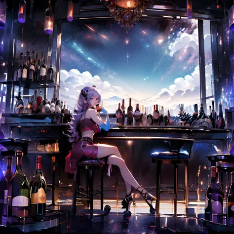 masterpiece, best quality,  bar, wine, long view, fantasy, sky, nightclub