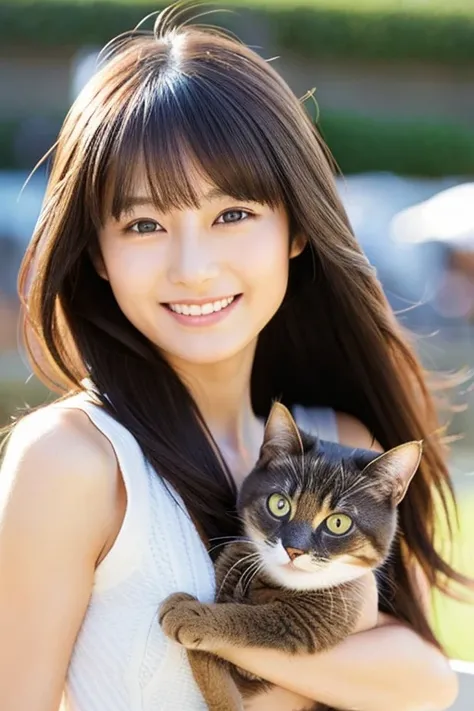 Beautiful woman, perfect face, attractive eyes, smiling, half-Japanese features, Japanese style, mysterious, independent, mature, no accessories, no tattoos, detailed realistic photo, strong, real photo, young girl, no bangs, holding a cat, atmosphere like...