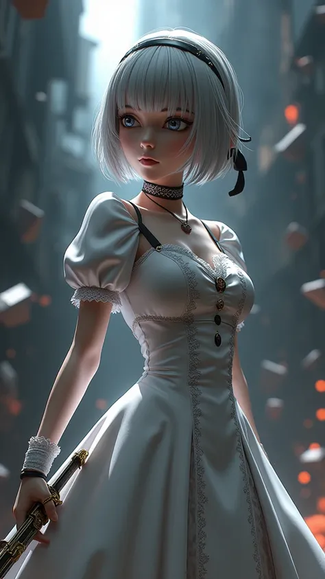 yorha 2b automaton, short silver hair with bangs and a black headband,(blindfold) , wearing a detailed white dress with puffed sleeves and lace trim, holding a sword, standing in a dynamic pose, looking off to the side, smooth skin, dark and dramatic backg...