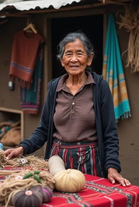 A 40-year-old Peruvian female selling to a person in her poor position, meaning that she has few products to offer where she does not have much merchandise from the market, materials for weaving at different angles, a poor position

