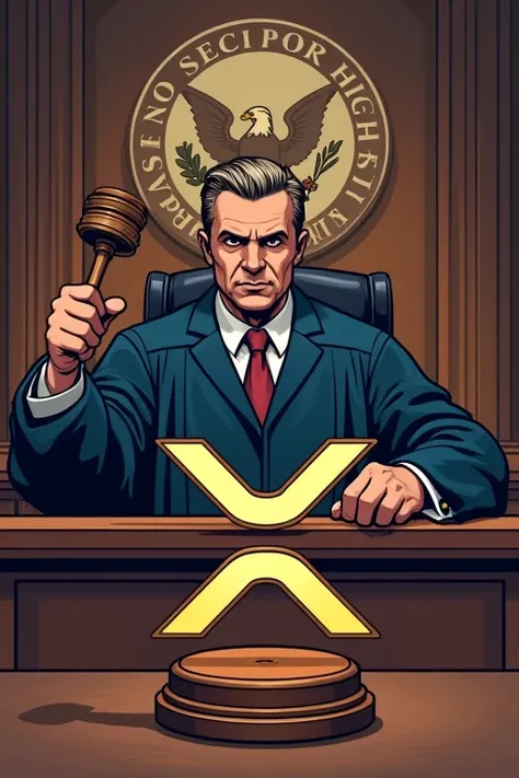 XRP logo in front of the judge&#39;s seat。The judge is banging the hammer to show he&#39;s innocent.、The SEC logo is painted dimly in the background.。This diagram is、Expresses the court&#39;s decision that XRP is not a security