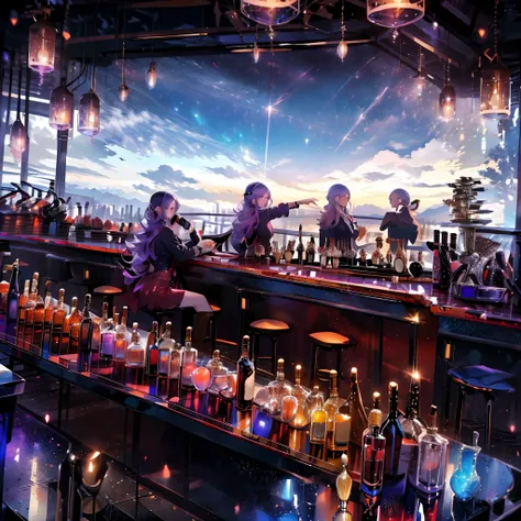 masterpiece, best quality,  bar, wine, long view, fantasy, sky, nightclub