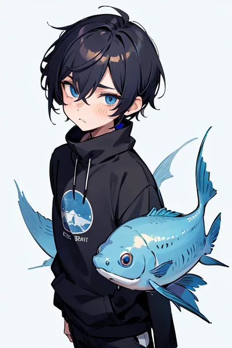 boy shota, tall, black pixie cut hair with streaks of blond , blue eyes, dead fish face, sweatshirt set