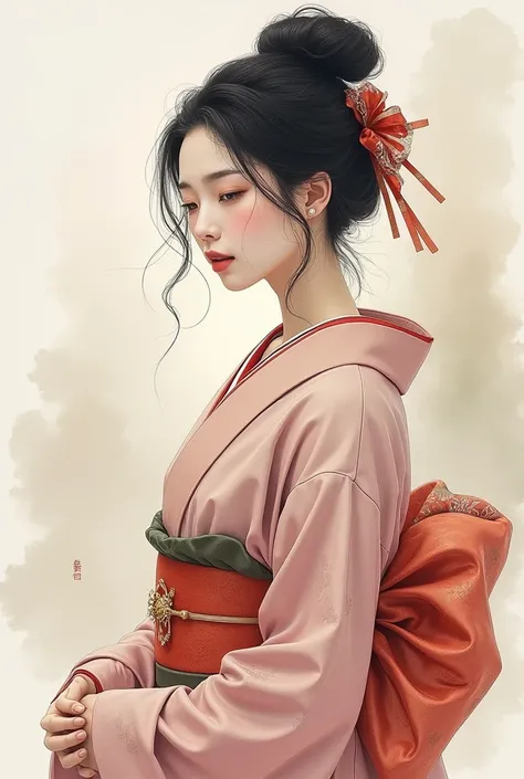 Watercolor、A brush-written image、One person、Town women of Edo、、composition、Golden Ratio、Functional、grace、Flowing Hair、Traditional Kimono、effect、Delicate facial features、detail、emotion、charm、background、Soft colors、blend、Mysterious、graceなatmosphere、Impressio...