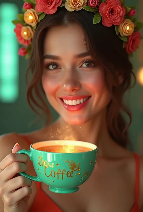 Super realistic super detailed, close up of an extremely beautiful woman with a jade crystal coffee cup embossed with the words "The No1 Coffee" in neon green and gold and a gorgeous colorful coffee wreath glowing on her head, a radiant smile showing off h...