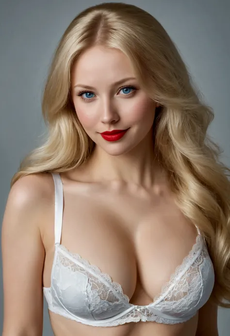 Beautiful Swedish woman, little smile, red lips, long blonde hair, textured white skin, large breasts, blue eyes, wearing sexy white tiny lingerie, simple gray background, Woman is posing, showing details of the face, realistic photo, (full body:1.5), 