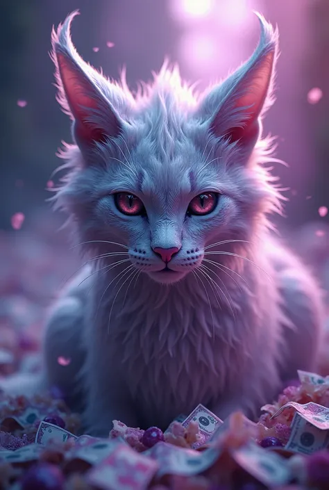 Surreal　Very detailed　Ultra Fantasy　Ultimate Details　Ultra-high resolution　8K 32K 　Clear, beautiful eyes　Perfect Anatomy　Silver Hair　　Illumination processing　ゴージャスな猫 おmoney, money　Silver　Silver 紫　Black Purple　[Dynamic pose　　Cinema Lighting　Demonic Dragon　b...