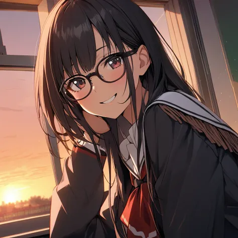 1 girl, red and black school uniform, fringe, glasses, by the wide, in a classroom, at dusk, smiling 