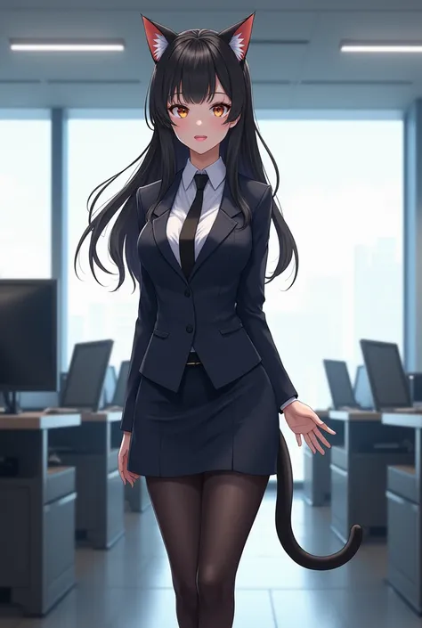 Please make a cat girl OL suit anime with a tight skirt and black stockings。Please use the office as the background。