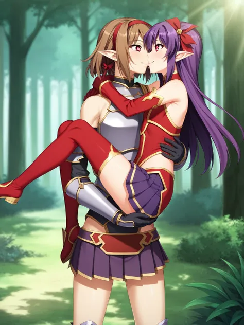 2 girls, 1 futa, 1 female, silicabase, brown hair, short twin tails, red eyes, armor, pleated skirt, thigh-highs, bare shoulders...