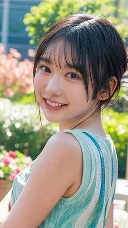 ultra-detailed 8k photos of japanese idol with playful pixie cut, enjoy rio de janeiro&#39;s vibrant beaches. she's bright, flor...