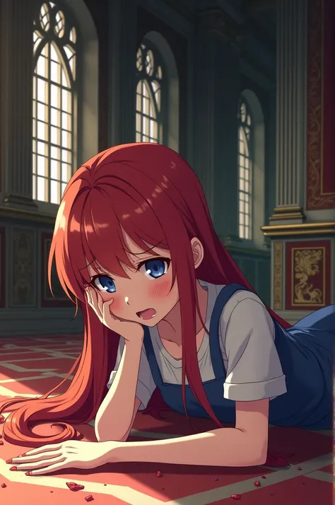 Anime girl with red hair, blue eyes tied and hirt on the floor in a colonial castle