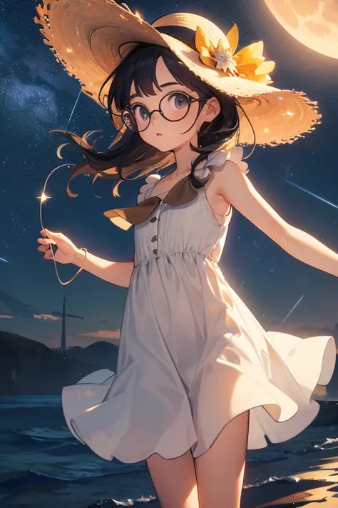 Best Quality，masterpiece，High sensitivity，High resolution，Detailed Description，Very slim ，Very short stature，Flat Chest，Very thin thighs，baby face glasses，Straw hat，Sleeveless dress，Balloons in hand，A strong wind is blowing，Early Autumn，(sea:1.3)，(Starry S...