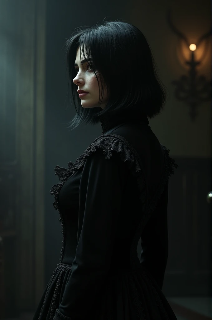 A vampire with shoulder length black hair, victorian clothes, looking to the side