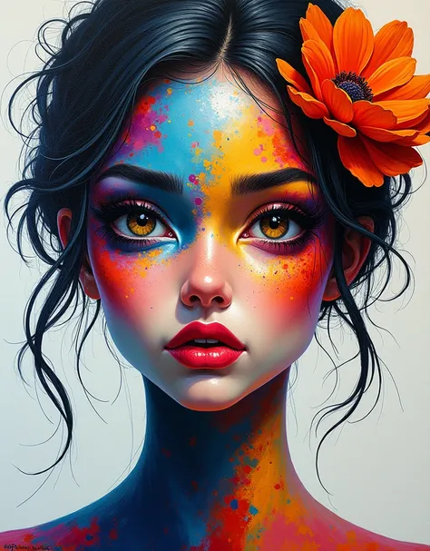 painting of a woman with a colorful face and a flower in her hair, inspired by Sandra Chevrier, full of colors and rich detail, sandra chevrier : : portrait, tristan eaton, by Sandra Chevrier, intricate and intense oil paint, by Noe Canjura, intricate oil ...