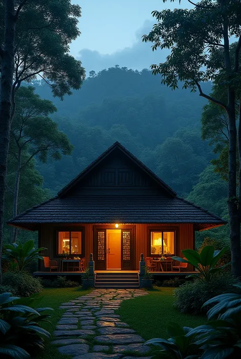 ( photo realism ) A guest house inside the forest of Kerala.  It is night.. Its small and beautiful. One floor