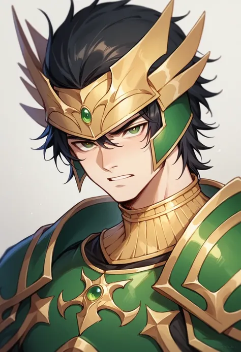 Arcanum is a tall, slender man, with long black hair that falls over her shoulders. He wears dark green armor with gold accents., including a helmet that covers your entire face, except for the eyes. Your eyes are green, bright and penetrating .