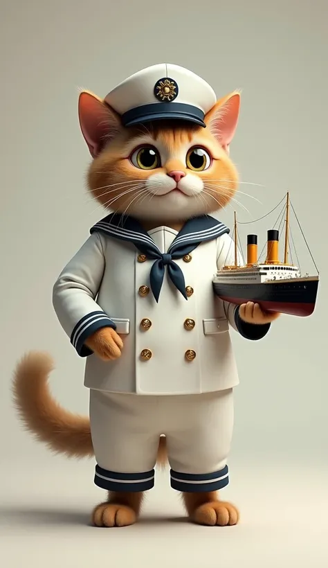 Cat dressed as a sailor holding the Titanic in his hand 