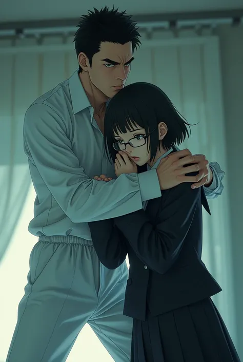 A man in a white gym suit holding a woman&#39;s head wearing glasses and short hair wearing a black Japanese school uniform, Japanese anime