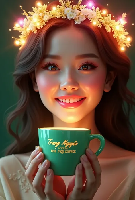 Super realistic super detailed, close up of an extremely beautiful woman with a jade crystal coffee cup embossed with the words "Trung Nguyen Legend The No1 Coffee" in neon green and gold and a gorgeous colorful coffee wreath glowing on her head, a radiant...