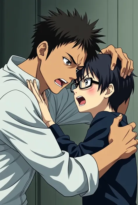 A man in a white gym suit grabs the head of a woman wearing glasses and short hair wearing a black Japanese school uniform. Japanese anime