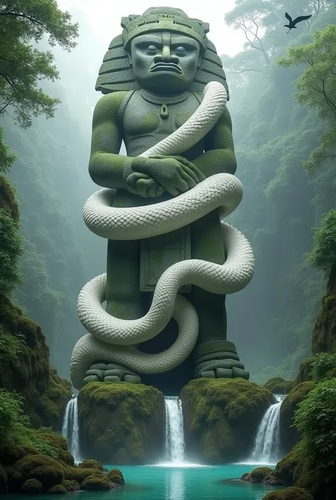 Heres a concise and detailed description in English of your scene:

In the heart of a vast, lush rainforest, shrouded in mist and vibrant with greenery, a colossal albino serpent coils itself around an ancient, towering statue with the face of an Aztec dei...