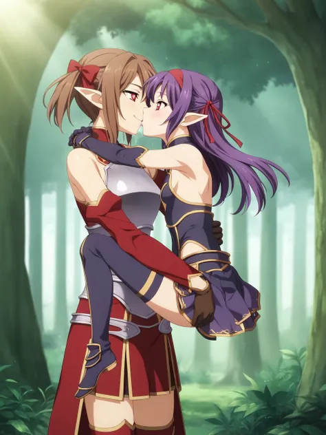 2 girls, 1 futa, 1 female, silicabase, brown hair, short twin tails, red eyes, armor, pleated skirt, thigh-highs, bare shoulders...