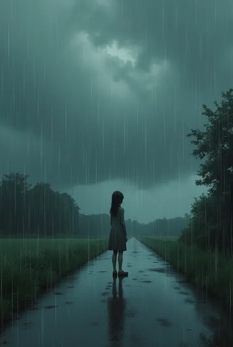 A girl at road during the rain fall 