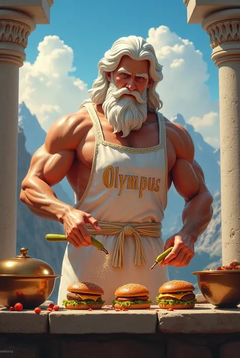 Zeus making burgers with an apron that says Olympus 