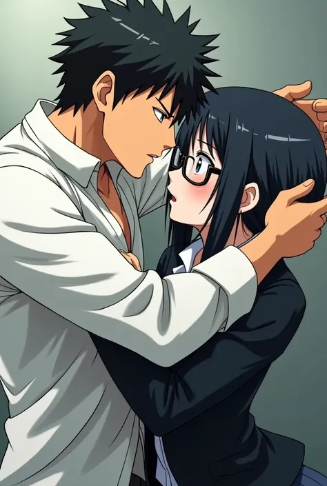 A man in a white gym suit grabs the head of a woman wearing glasses and short hair wearing a black Japanese school uniform. Japanese anime