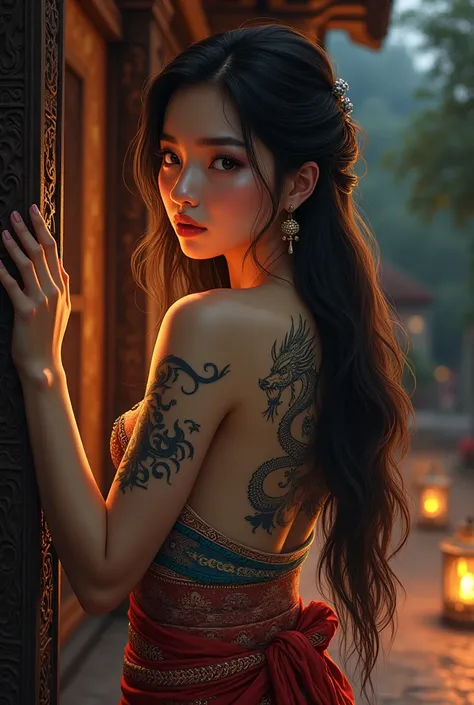 Create Illustration This is a portrait of a fair-skinned thai woman with a beautiful dragon tattoo covering her back. She has long, shiny brown hair falling down. She is leaning against a beautifully carved ancient wooden structure in a nighttime atmospher...