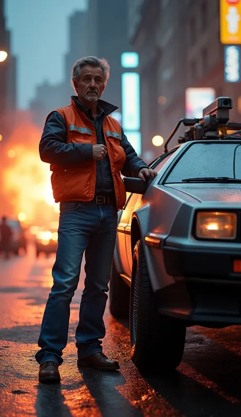 Realistic photo of Marty McFly standing beside the delorean 