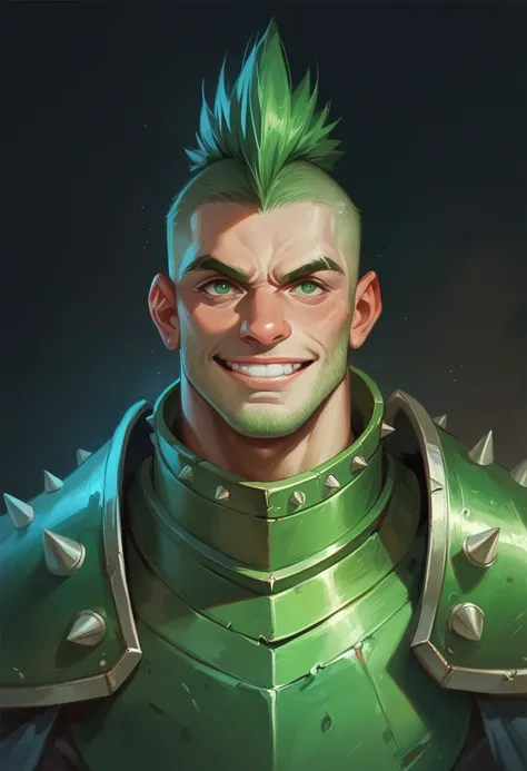 Verdant has greenish skin and his eyes are a bright green.. He wears bright green armor and wears a spiked hood.. His appearance is intimidating and he has a mischievous smile on his face..