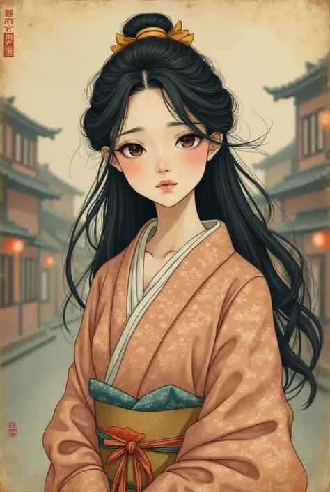 Edo painting、Old paper texture、Damaged Paper、One person、Big Eyes、Crying face、Edo Town Women、composition、Golden Ratio、Functional、grace、Flowing Hair、Traditional Kimono、effect、Delicate facial features、detail、emotion、charm、background、Soft colors、blend、Mysterio...