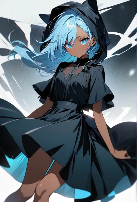 Dark skinned kid girl,light long blue hair,Black dress 