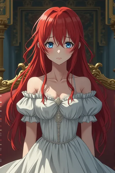 Anime girl red hair, blue eyes with a colonial white dress, crying a lot on her imperial room and looks sick and upset