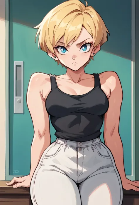 1 , Alone, short hair, blonde hair,,high resolution, masterpiece, Anatomically correct, Necessary, high details, blue eyes, on the School, Black tank top , white pants,thick thighs 