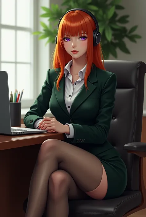 there is a woman sitting in a chair with a laptop, wearing a strict black business suit, sitting on a desk, in strict suit, on a desk, in a strict suit, japanese goddess, thighhighs and skirt, sat at her desk, sitting on a table, sitting at desk, wearing b...