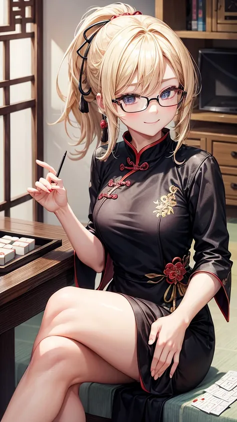 Anime style blonde girl with ponytail、Wearing a black Chinese dress and square rimless glasses、Mahjong playing scene。She is sitting across the table、She is holding a fan in one hand, narrowing her eyes slightly and smiling seductively.。Narrow your eyes and...