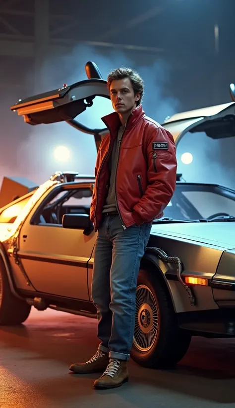 Realistic photo of Marty McFly standing beside the delorean, back to the future 