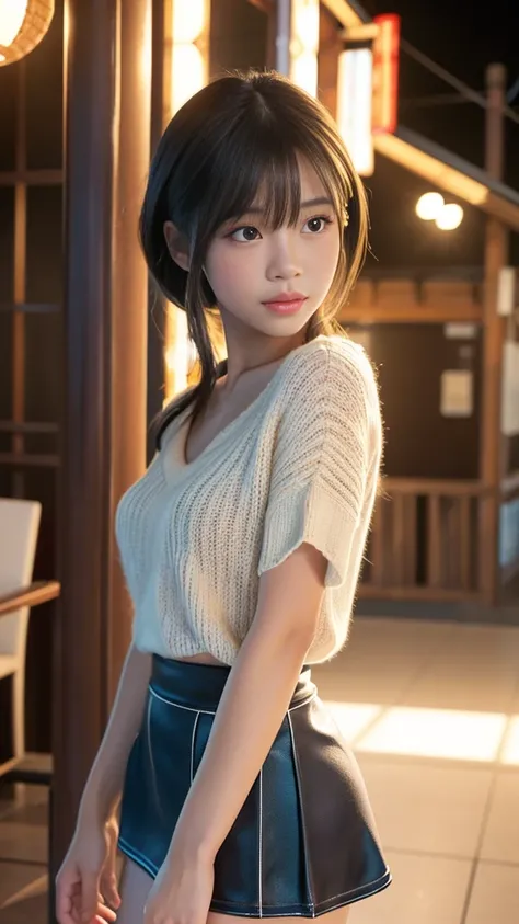 Product quality, 1 girl, (Cowboy Shot), Front View, Young and cute Japanese girl, At night, Wearing a large V-neck knit sweater, Wearing a mini skirt, Shows lower body、Super cute face, Glossy lips, Double eyelids on both eyes, (Natural Makeup), Shiny smoot...