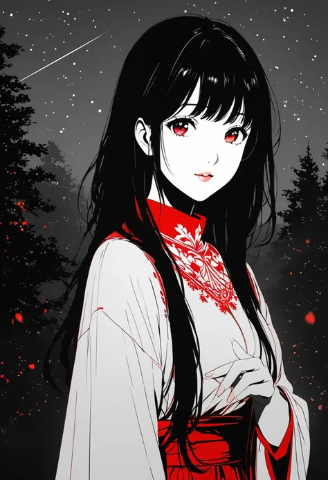 Long Shot、Wide Shot、Red pencil shading, Red charcoal drawing, coloring paper, Pencil drawing, Brutal Dark B/w and red color scheme, Silver pattern,
Poster, close, full length, Shadow Puppet Art.(( Autumn forest、Cheek resting on hand、切株に座るbeautiful少女、Esbian...