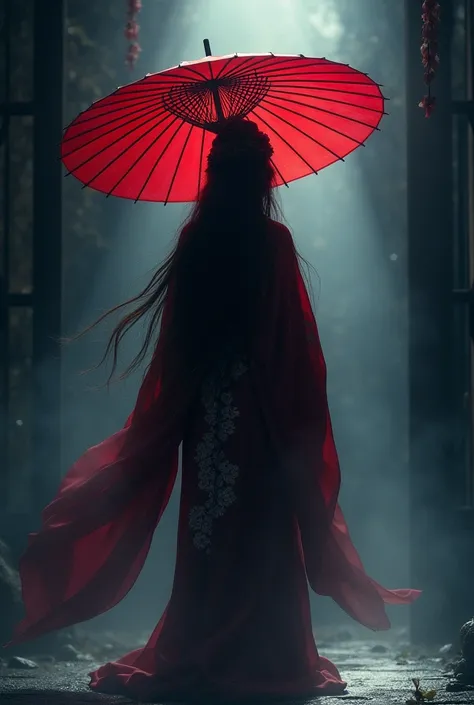 Standing in the Phantom Night、A long-haired courtesan approaches with a red umbrella.