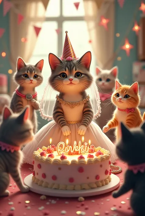 A cat  wearing wedding dress and cat birthday celebration with friends cut the cake  large ,the cake name pinki,by Han catch knife
