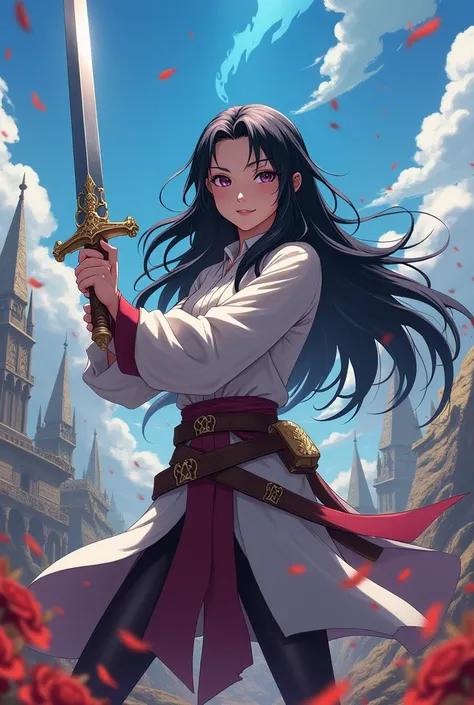 Girl with long black hair,Equip a sword,Confront the enemy,Protect your allies,Dragon Quest style,Hero,anime,smile, 