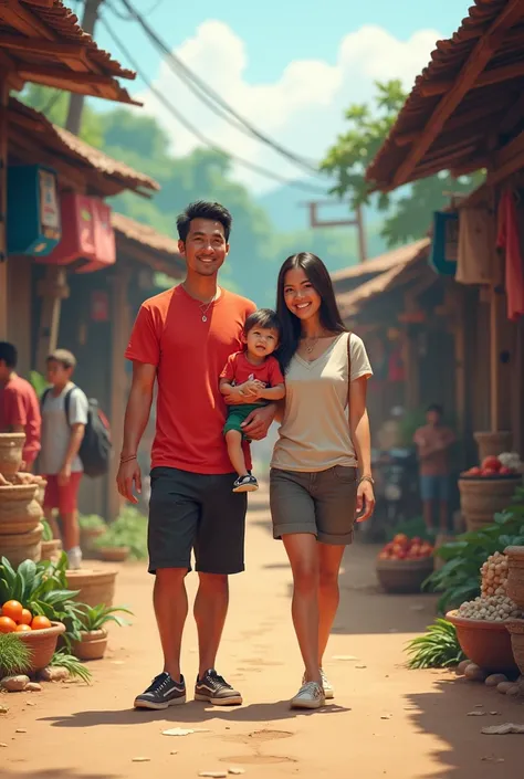 husband and wife, 3, Indonesian, neat appearance, red t-shirt, shorts, sneakers, in the middle of a busy village.