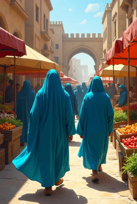 People in blue robes run to pay for vegetables in the market