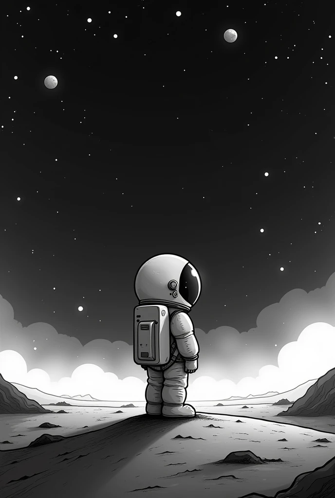 Astronaut animated cartoon black and white, sad universe background 